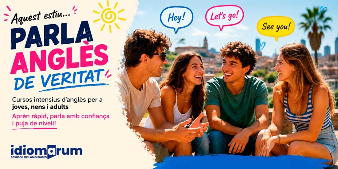 Cartell promocional d’Idiomarum a Barcelona anunciant cursos intensius d’anglès d’estiu.