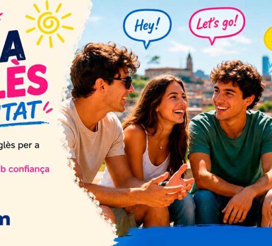 Cartell promocional d’Idiomarum a Barcelona anunciant cursos intensius d’anglès d’estiu.