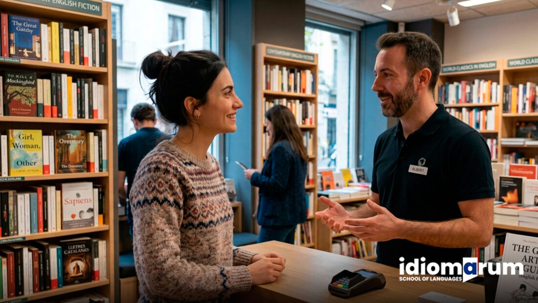 Jove parlant en anglès amb un llibreter en una llibreria amb llibres en anglès a Barcelona.