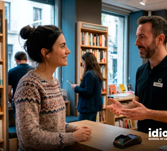 Jove parlant en anglès amb un llibreter en una llibreria amb llibres en anglès a Barcelona.
